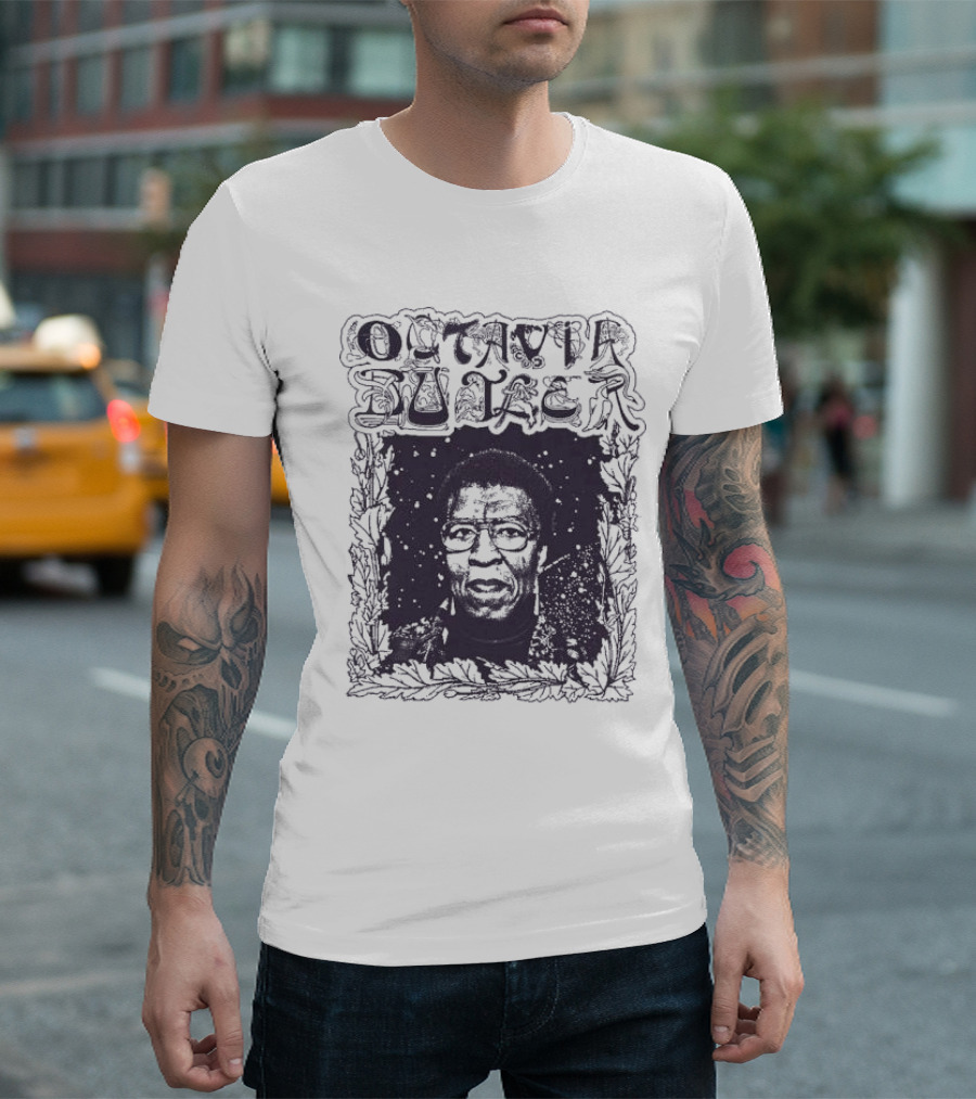 Octavia Butler Portrait with Leafy Cosmic Border T-Shirt