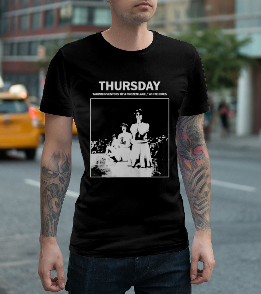 Thursday Taking Inventory of a Frozen Lake White Bikes Cheerleaders T-Shirt