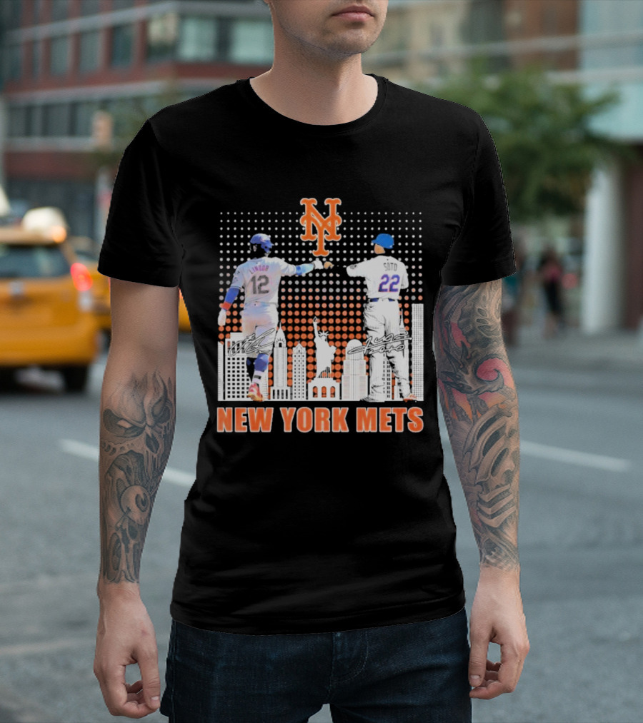 New York Mets Lindor Soto The Man The Myth The Legends 2025 New York City Skyline Statue of Liberty T-Shirt