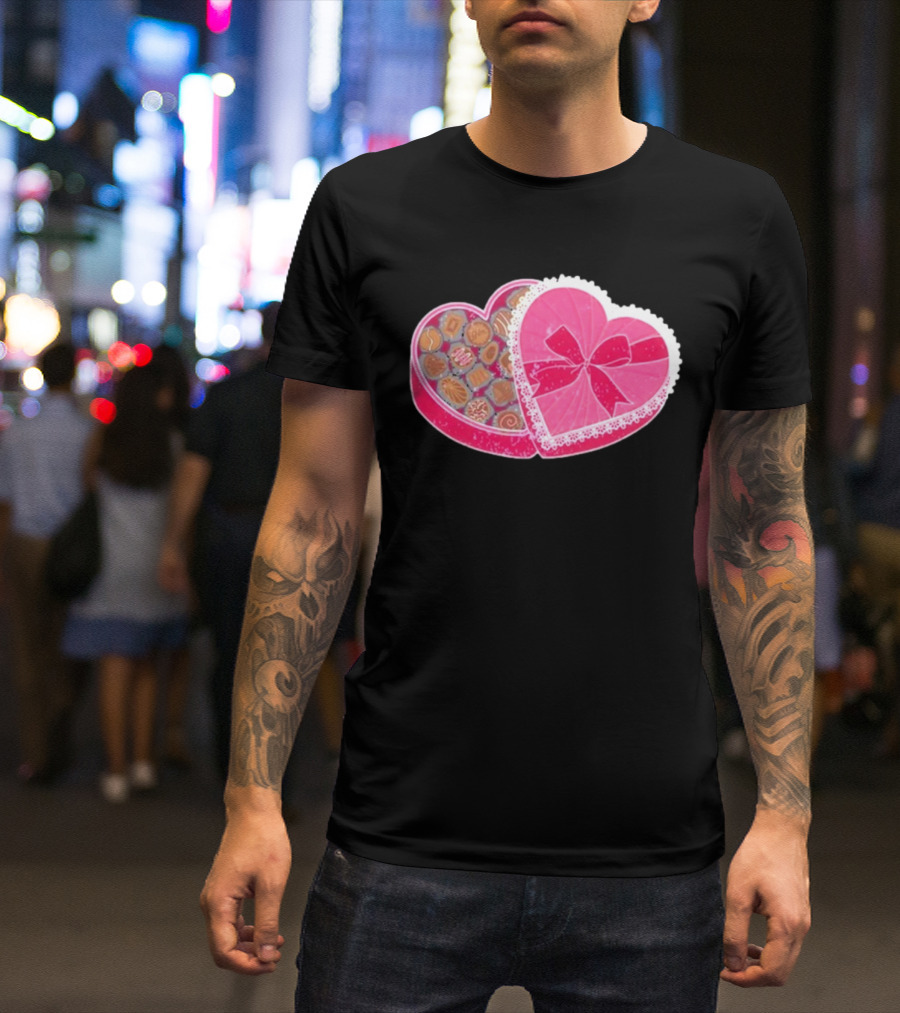 Living Fully Co Heart-Shaped Box Of Chocolates With Pink Bow And Lace Trim T-Shirt