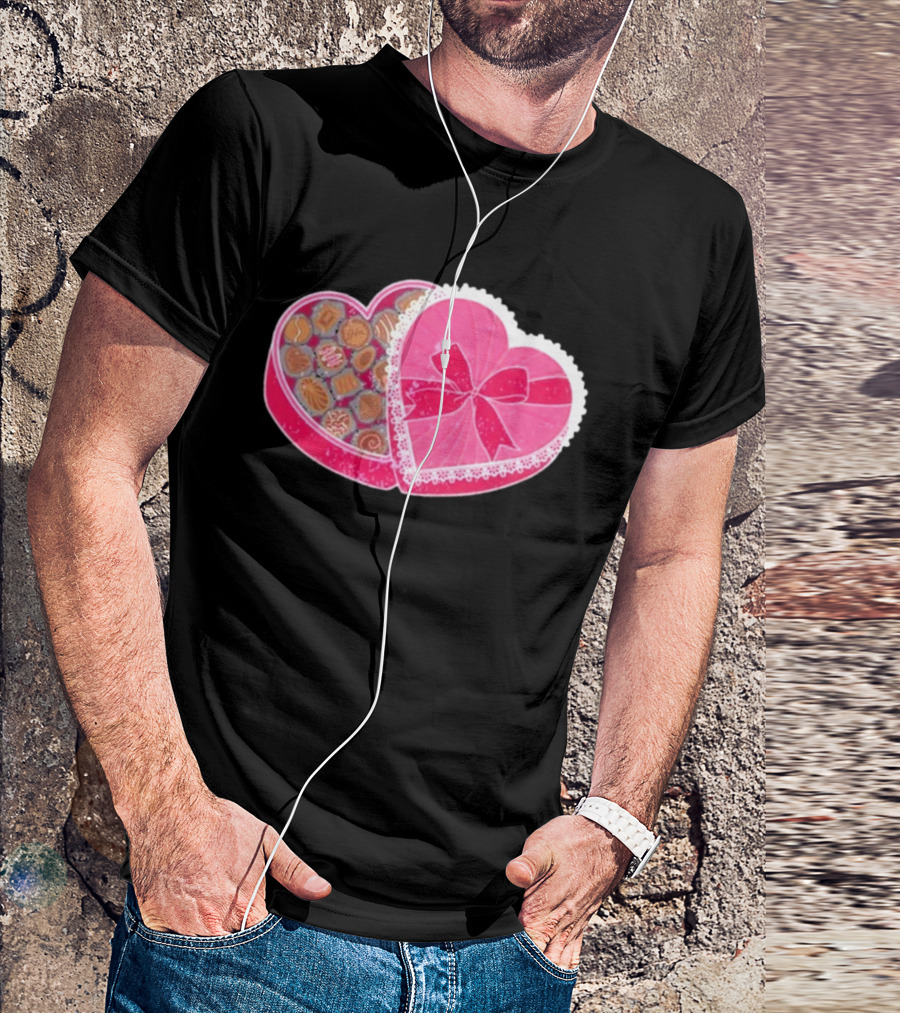 Living Fully Co Heart-Shaped Box Of Chocolates With Pink Bow And Lace Trim T-Shirt
