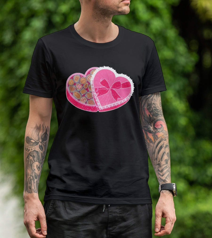Living Fully Co Heart-Shaped Box Of Chocolates With Pink Bow And Lace Trim T-Shirt