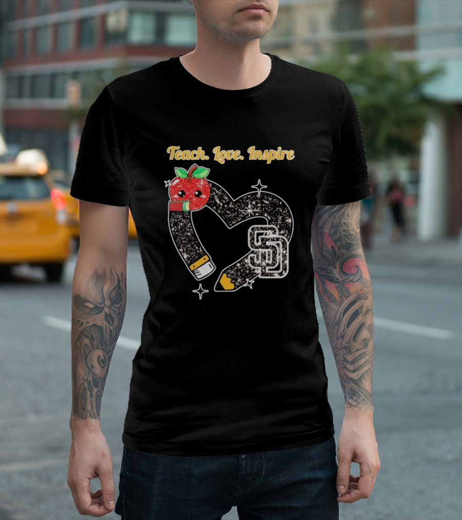 Teach Love Inspire San Diego Padres Sparkling Heart Apple Pencil T-Shirt