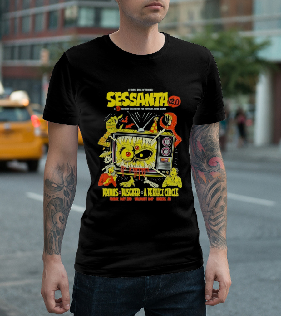 Sessanta 2.0 Event Primus Puscifer A Perfect Circle May 2 2025 Rogers AR Walmart AMP TV T-Shirt