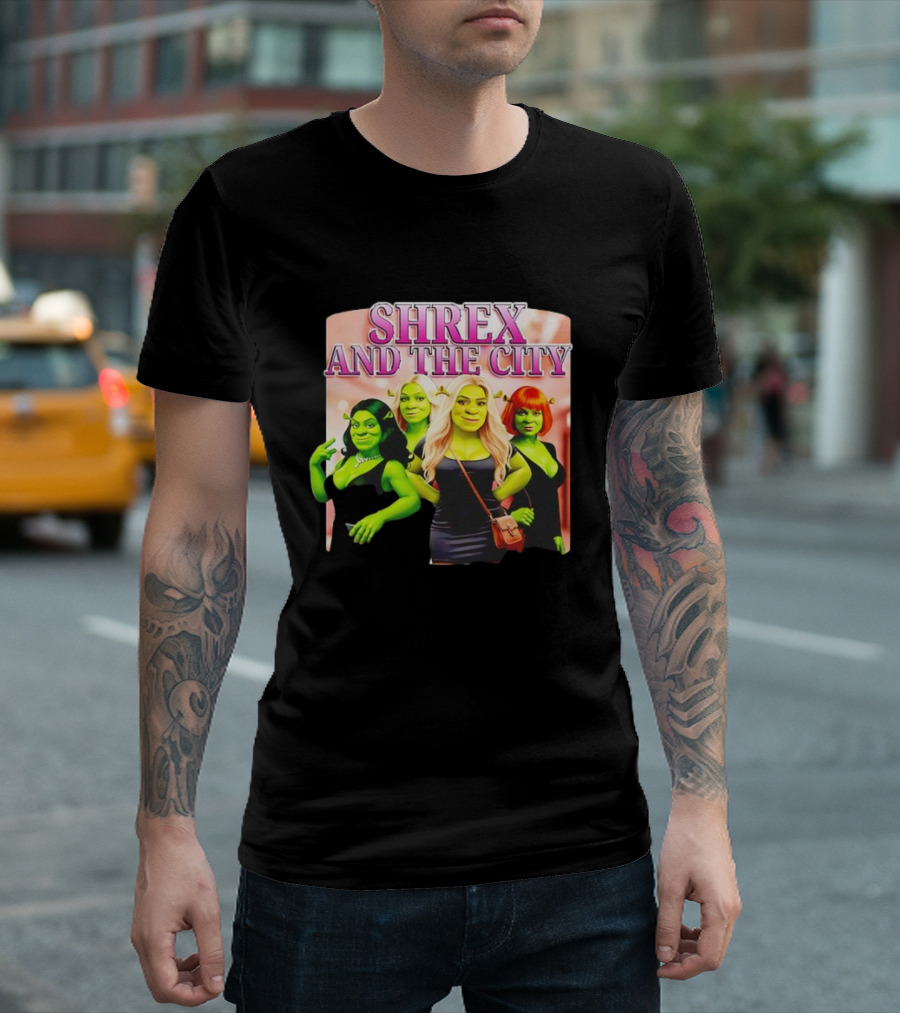 SHREX AND THE CITY Green Characters Ladies In Black Dresses T-Shirt