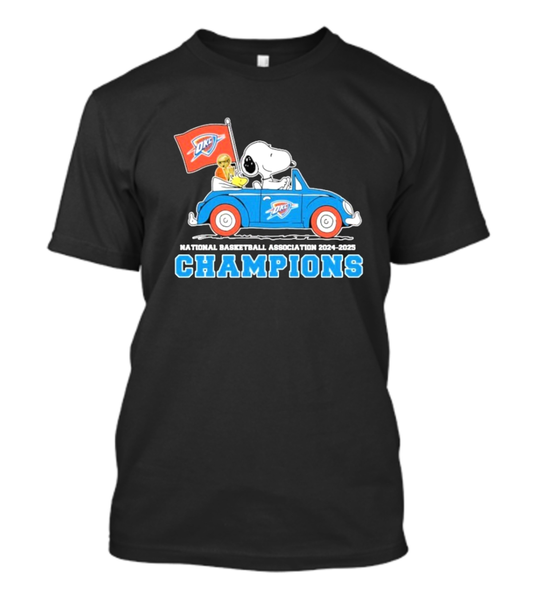 Snoopy Woodstock Peanuts Driving Car NBA Champions 2024 2025 OKC T-Shirt