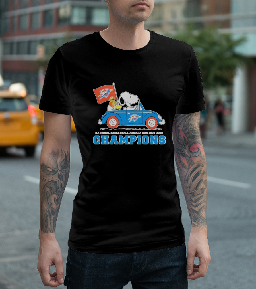 Snoopy Woodstock Peanuts Driving Car NBA Champions 2024 2025 OKC T-Shirt