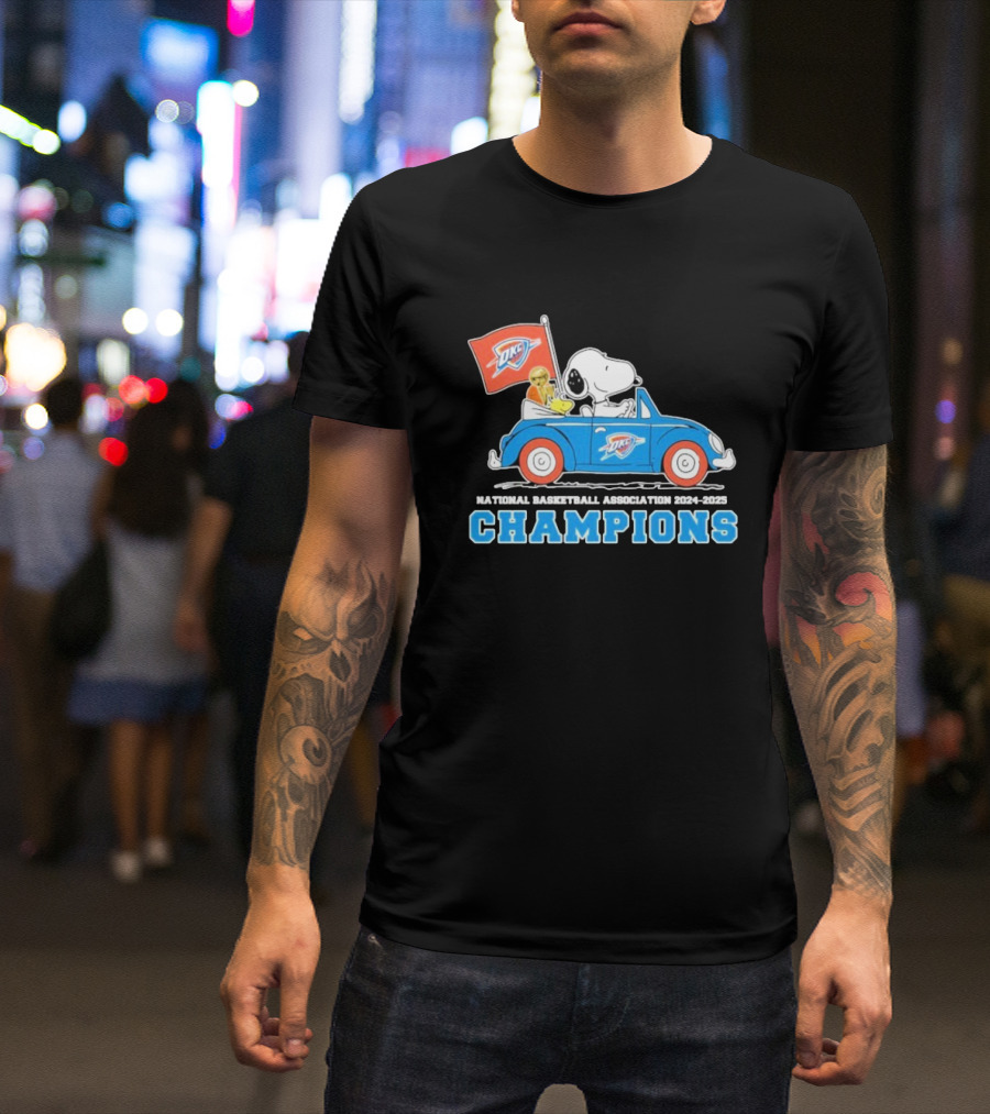 Snoopy Woodstock Peanuts Driving Car NBA Champions 2024 2025 OKC T-Shirt