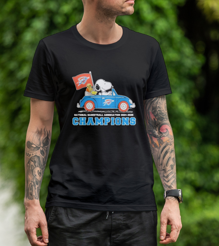 Snoopy Woodstock Peanuts Driving Car NBA Champions 2024 2025 OKC T-Shirt