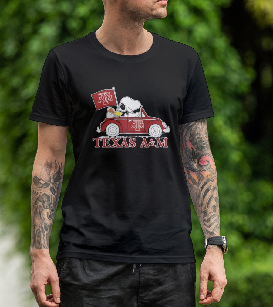 Snoopy Woodstock Driving Texas A&M Car Peanuts T-Shirt