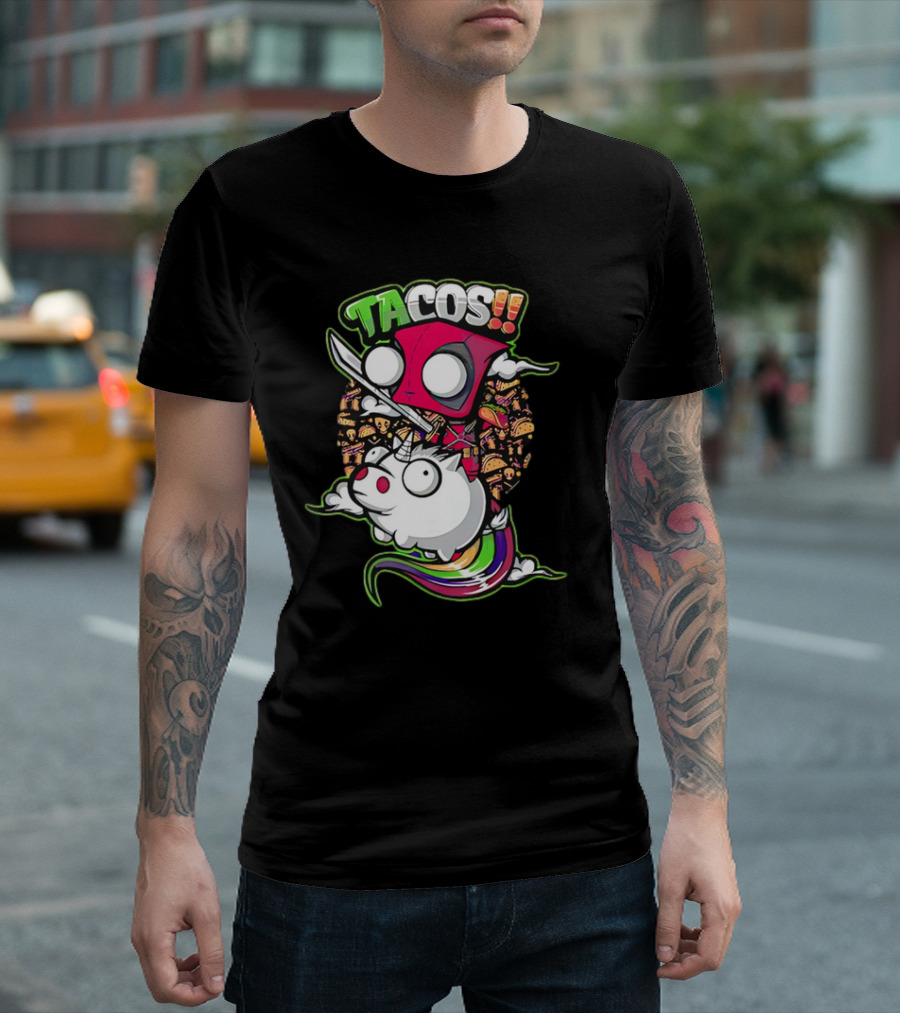Tacos Deadpool Riding Unicorn Surrounded by Tacos Cartoon T-Shirt