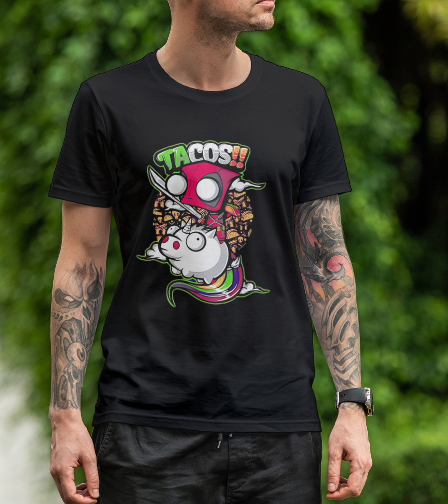 Tacos Deadpool Riding Unicorn Surrounded By Tacos Cartoon T-Shirt