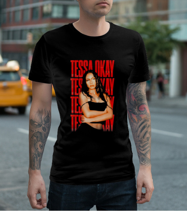 Tessa Okay Bold Red Typography With Crossed-Arms Portrait T-Shirt