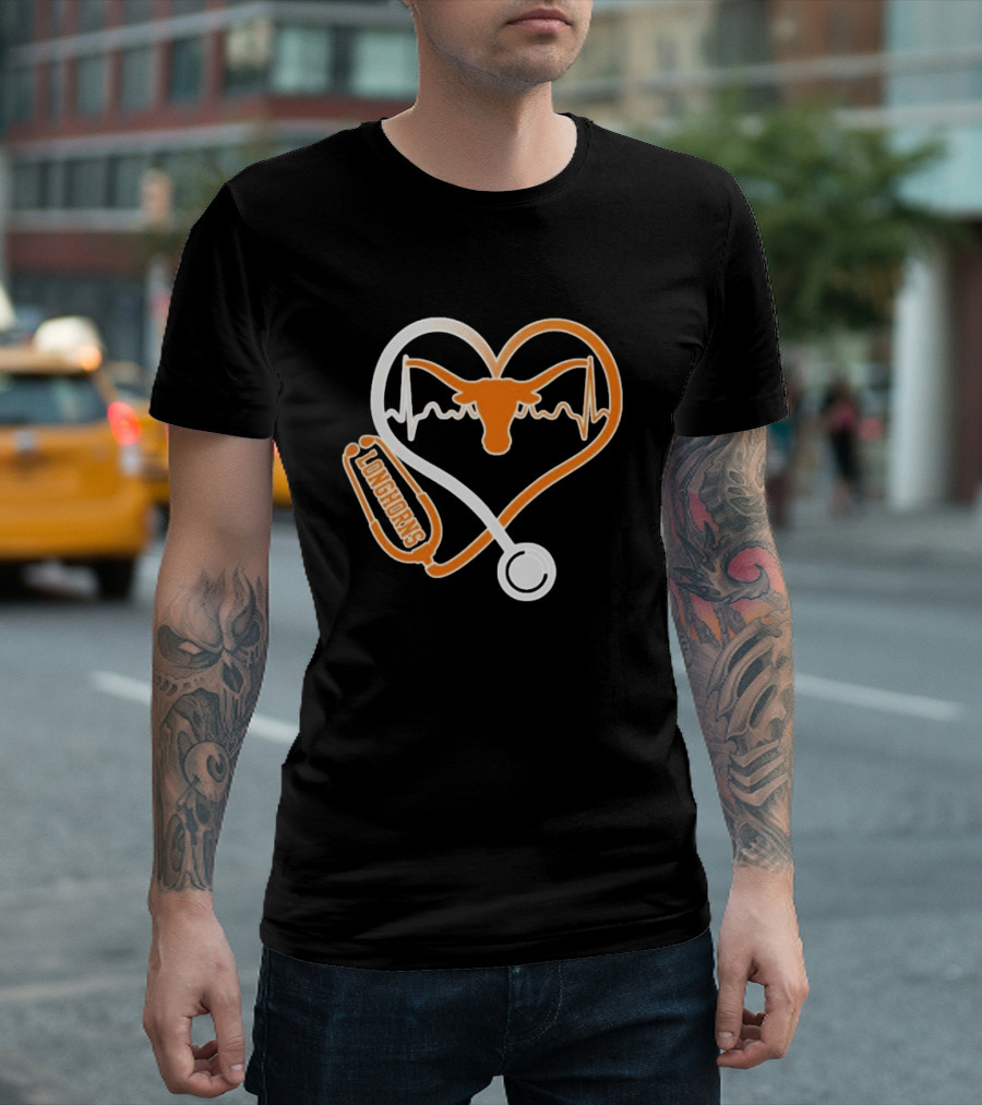 Texas Longhorns Caring Hearts Nurse Stethoscope Heartbeat T-Shirt