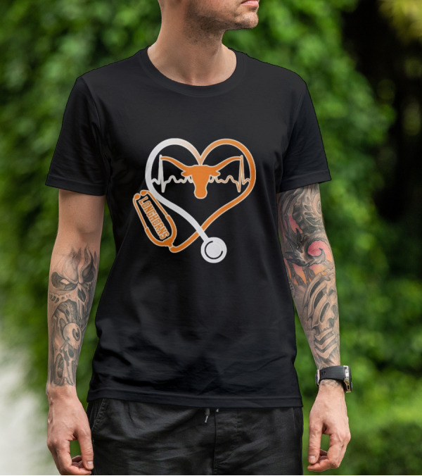 Texas Longhorns Caring Hearts Nurse Stethoscope Heartbeat T-Shirt