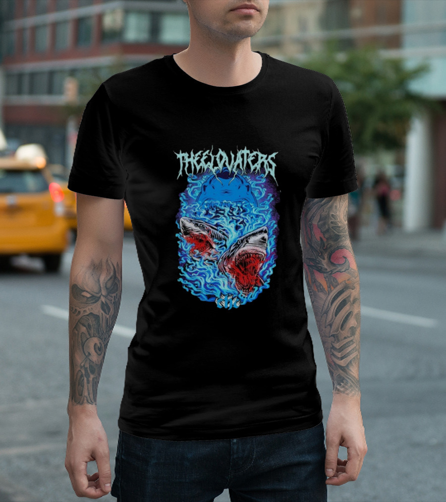 The Elovaters Beware Of Sharks Electric Blue Fierce Shark Trio T-Shirt