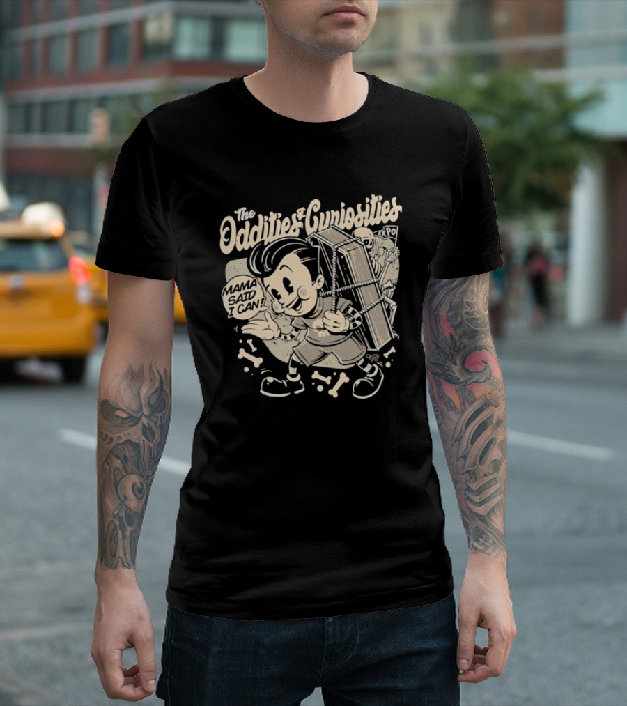 The Oddities and Curiosities Expo Mama Said I Can Skeleton Cartoon Character Carrying Coffin T-Shirt