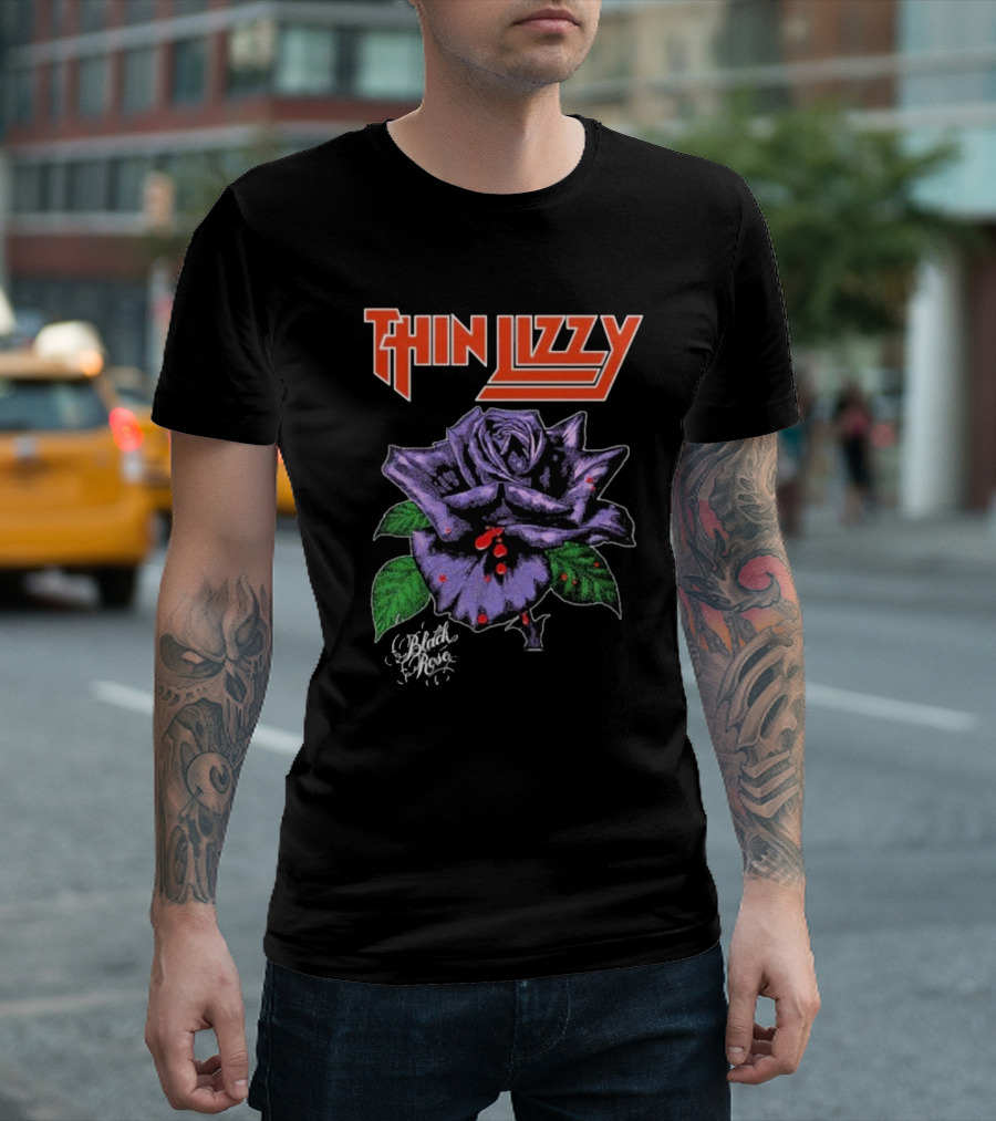 Thin Lizzy Black Rose With Purple Flower And Green Leaves T-Shirt