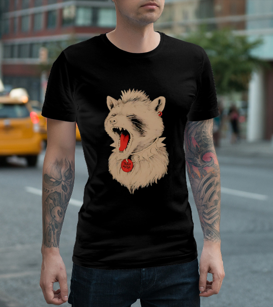 Trash Metal Raccoon With Spike Collar And Red Earring T-Shirt