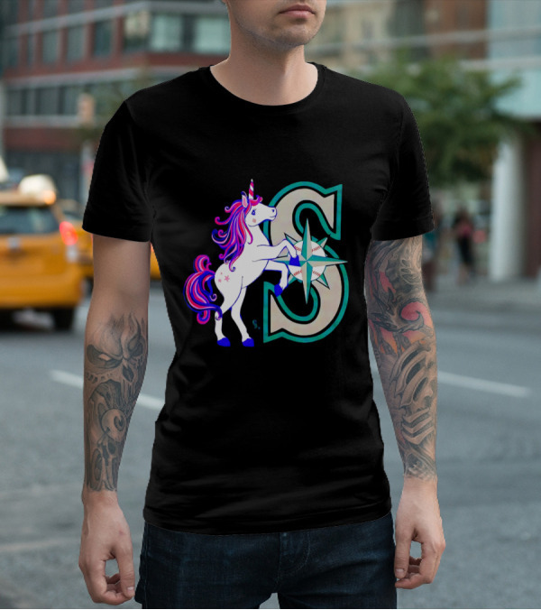 Unicorn Seattle Mariners Baseball Emblem With Compass And Stars T-Shirt