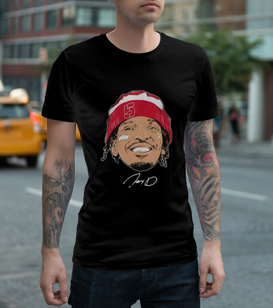 Washington Commanders Jayden Daniels Signature Face Bandage Number 5 Beanie T-Shirt