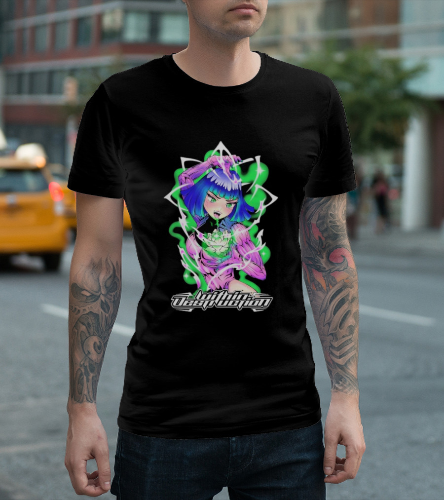 Within Destruction Lotus Anime Neon Girl with White Flower T-Shirt