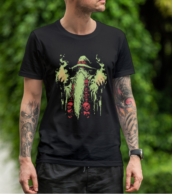 Wizard Of Doom Psychedelic Wizardry With Glowing Aura And Skull Elements T-Shirt