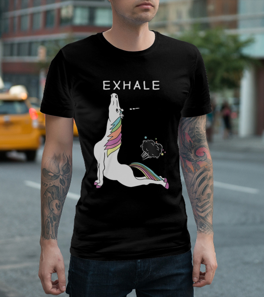 Exhale Yoga Unicorn Pose with Rainbow Mane and Magical Cloud T-Shirt