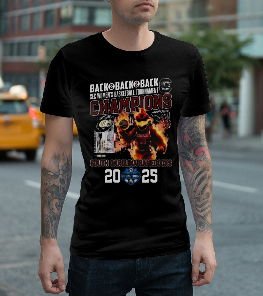 South Carolina Gamecocks 2025 Back To Back To Back SEC Women's Basketball Tournament Champions T-Shirt