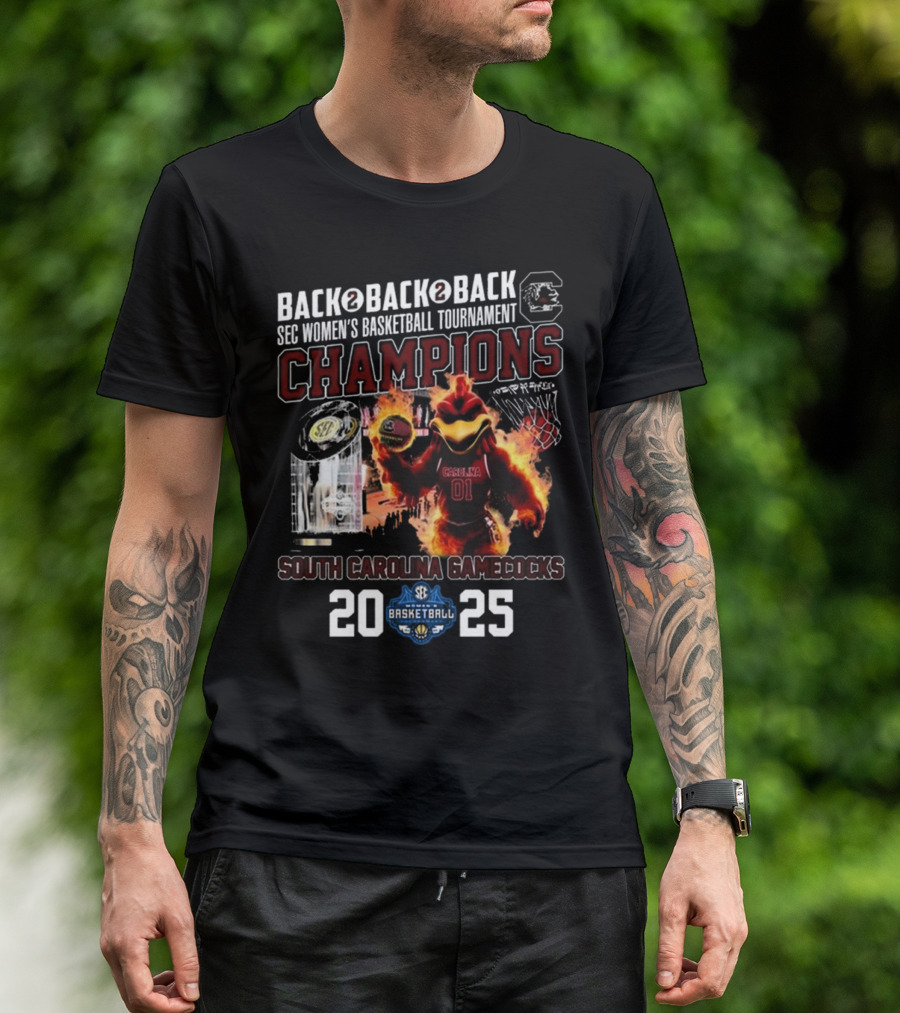 South Carolina Gamecocks 2025 Back To Back To Back SEC Women's Basketball Tournament Champions T-Shirt