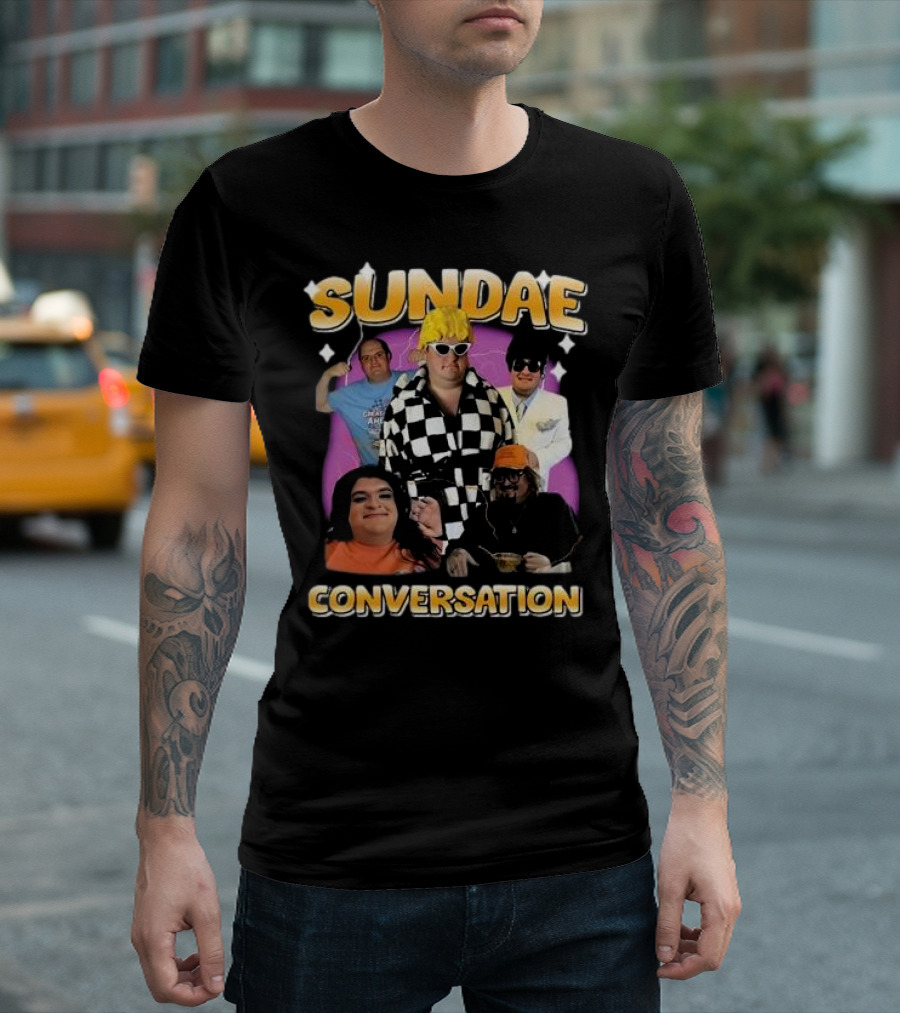 Sundae Conversation Glenny Balls Group Costume in Checkered and Colorful Attire T-Shirt