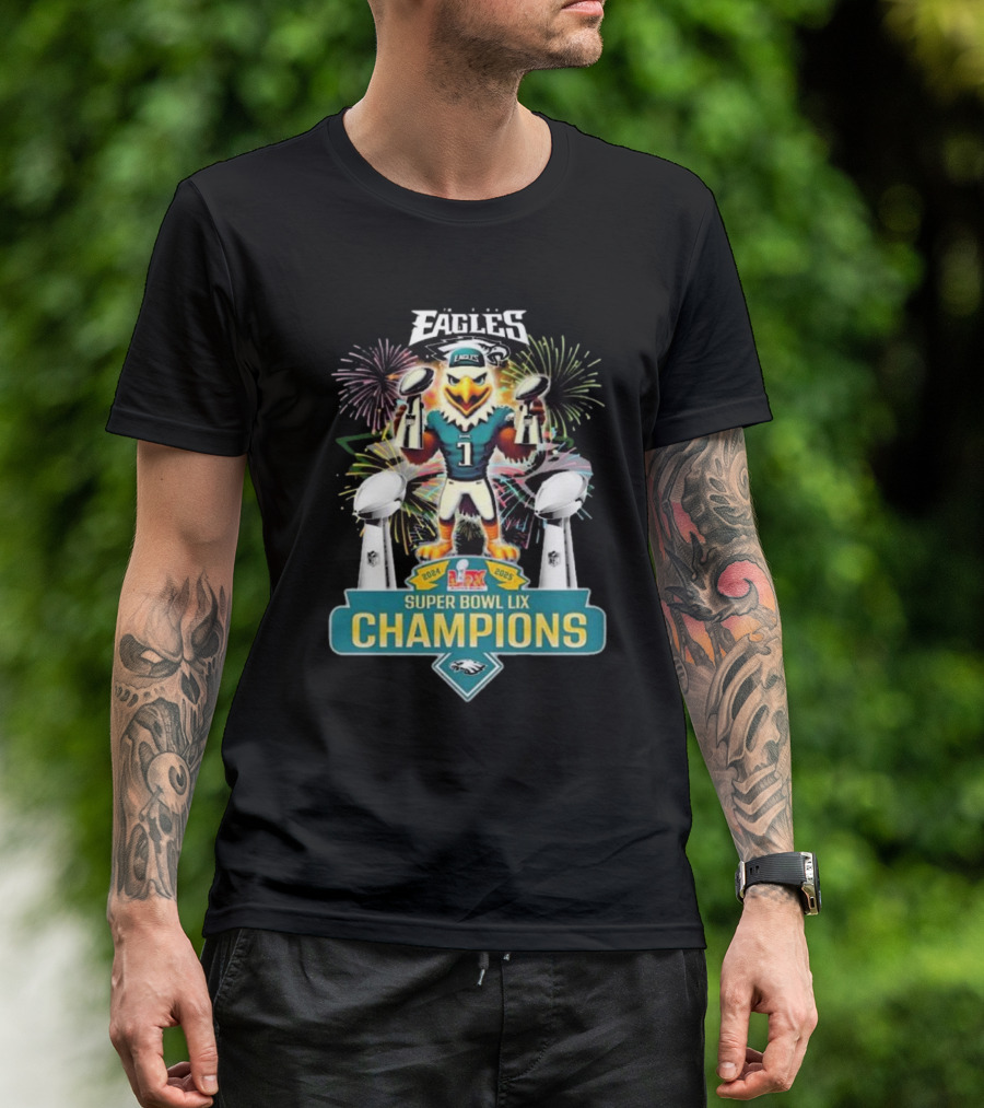 Super Bowl LIX Champions 2024 2025 Philadelphia Eagles Mascot Fireworks Celebration T-Shirt