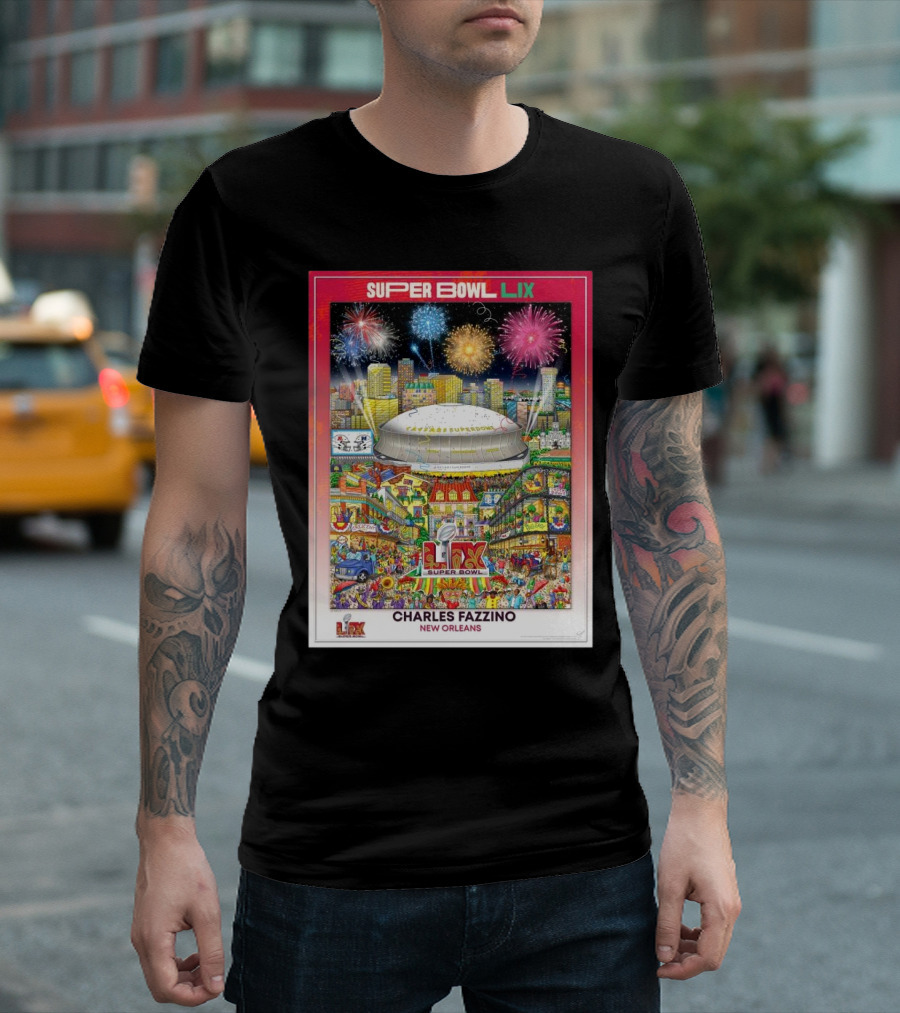 Super Bowl LIX New Orleans 2025 Charles Fazzino Official NFL Football Commemorative Pop Stadium Fireworks Art T-Shirt