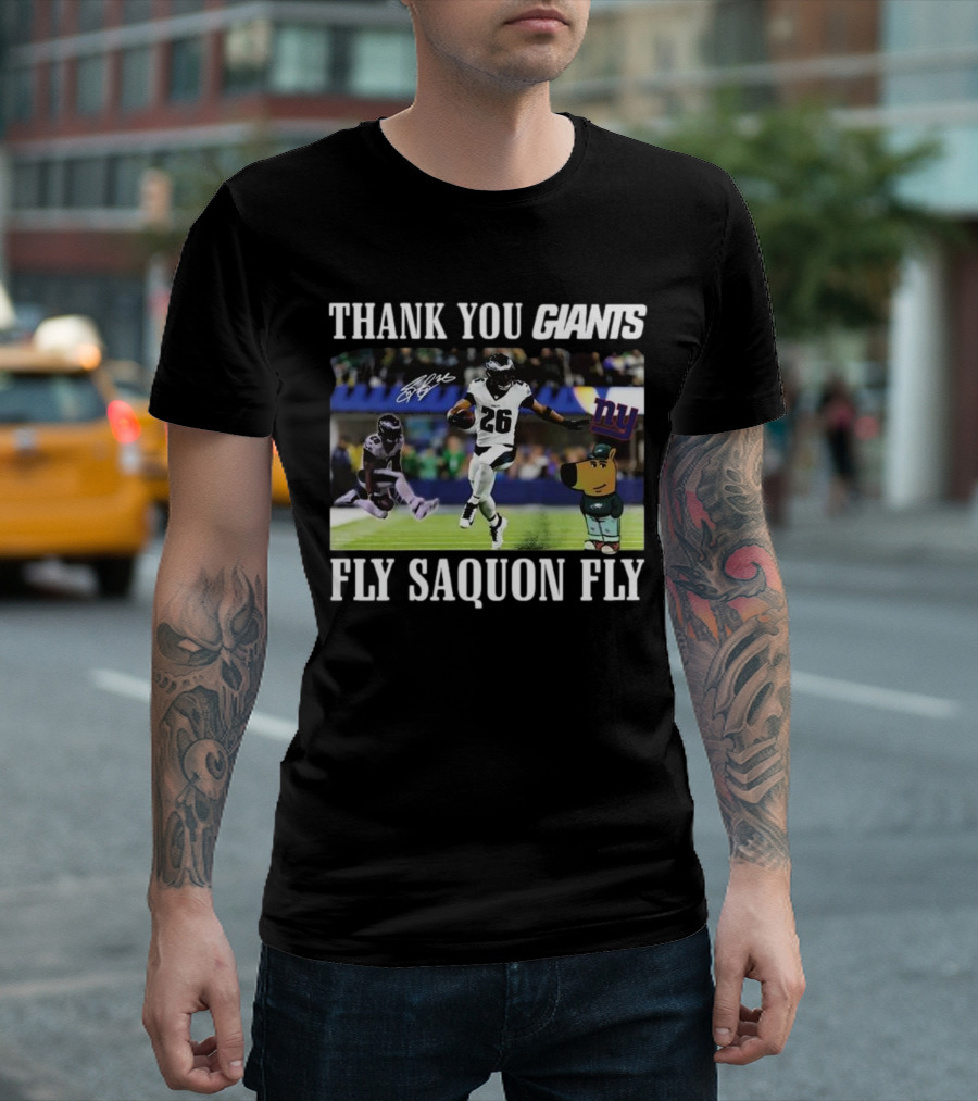 Thank You Giants Fly Saquon Fly 26 Autograph NFL New York Sports Cartoon Dog T-Shirt