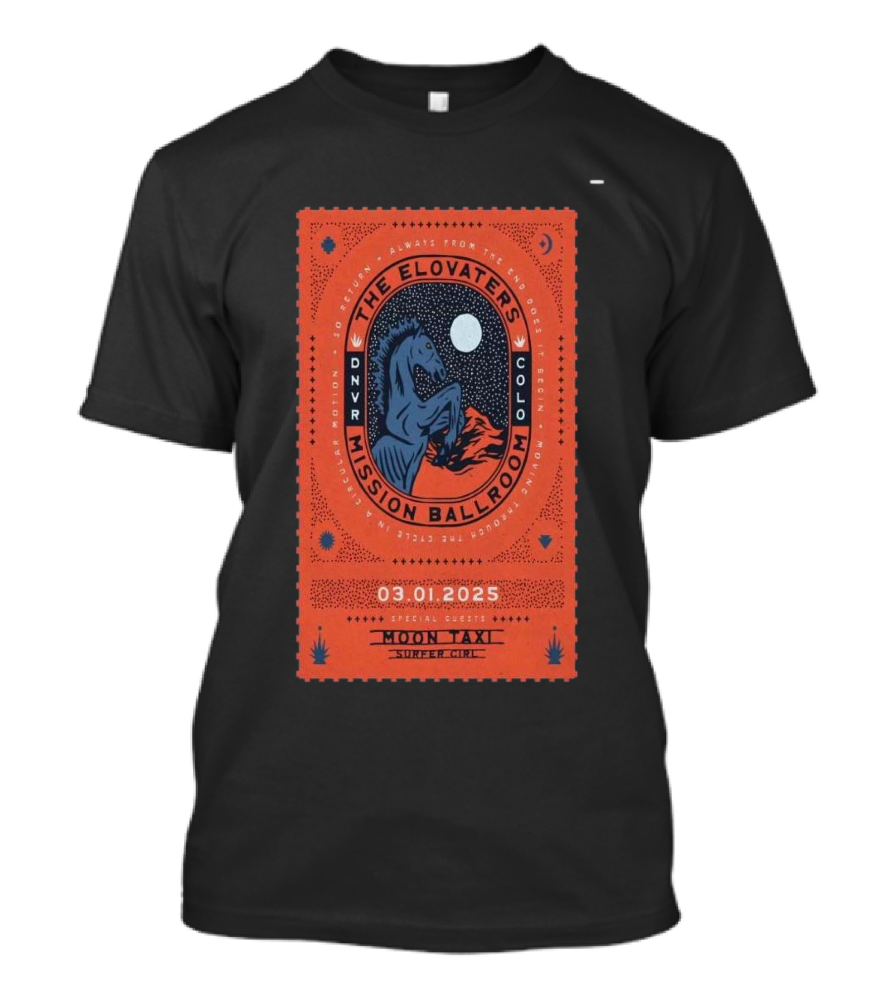 The Elovaters Mission Ballroom Denver CO Mar 01 2025 Event Moon Taxi Surfer Girl T-Shirt