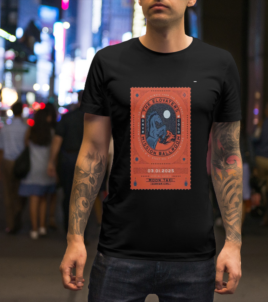 The Elovaters Mission Ballroom Denver CO Mar 01 2025 Event Moon Taxi Surfer Girl T-Shirt