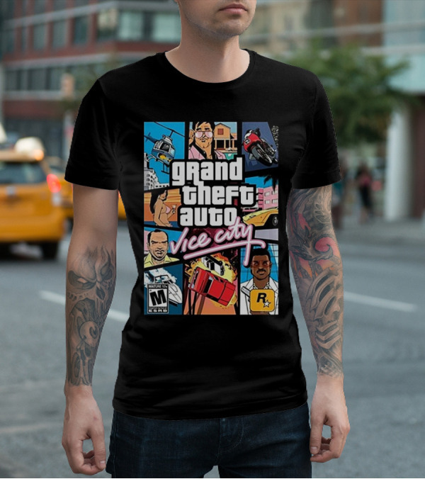 Grand Theft Auto Vice City Game Cover Art Helicopter Motorcycle Car Explosion R Star Logo T-Shirt