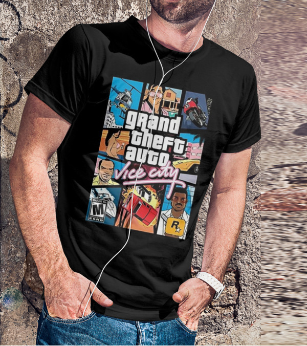 Grand Theft Auto Vice City Game Cover Art Helicopter Motorcycle Car Explosion R Star Logo T-Shirt