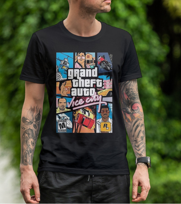 Grand Theft Auto Vice City Game Cover Art Helicopter Motorcycle Car Explosion R Star Logo T-Shirt