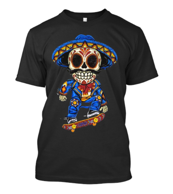 Mariachi Skull Skateboarding In Colorful Traditional Outfit T-Shirt