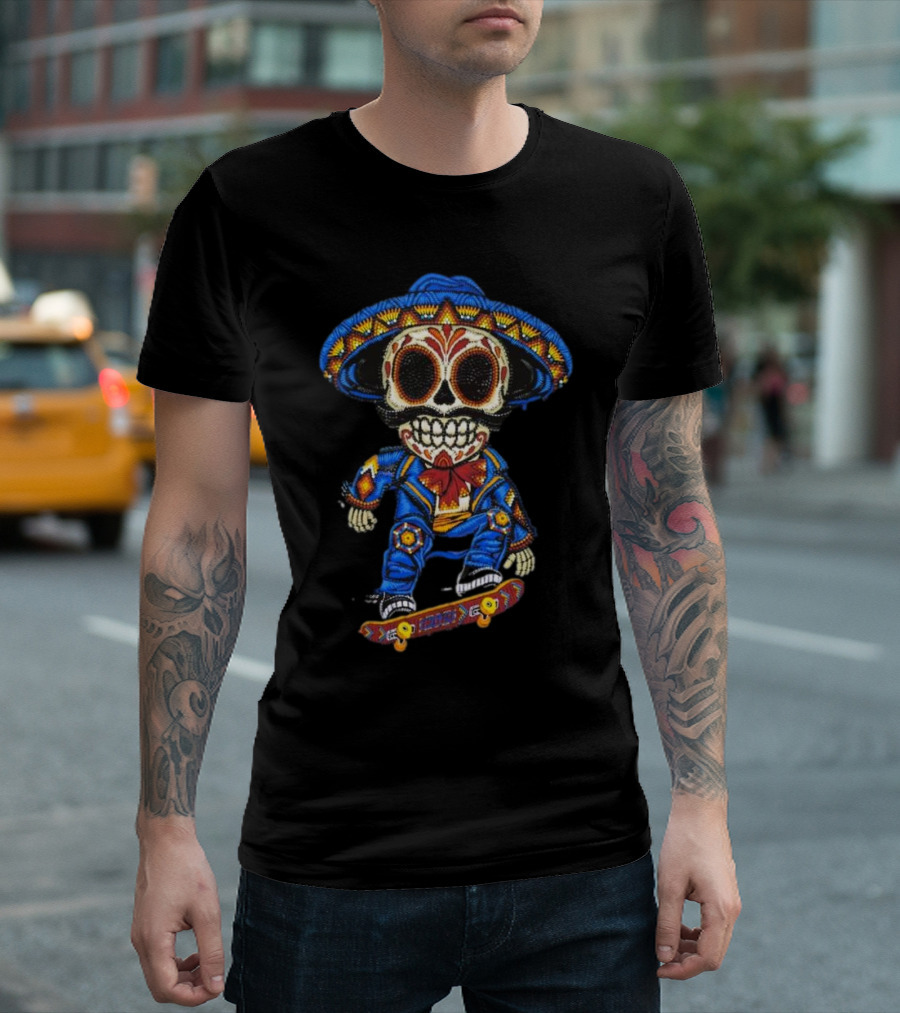 Mariachi Skull Skateboarding in Colorful Traditional Outfit T-Shirt
