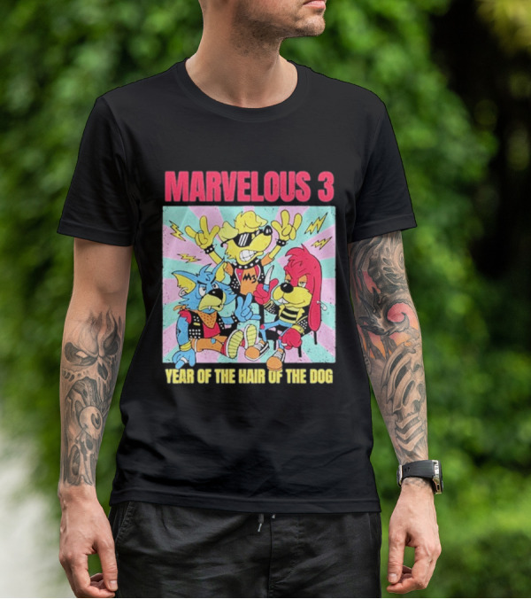 Marvelous 3 Year Of The Hair Of The Dog Cartoon Dogs With Punk Outfits And Sunglasses T-Shirt
