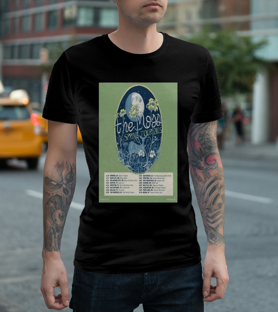 The Moss Spring Tour 2025 Concert Dates and Venues with Floral and Moon Design T-Shirt
