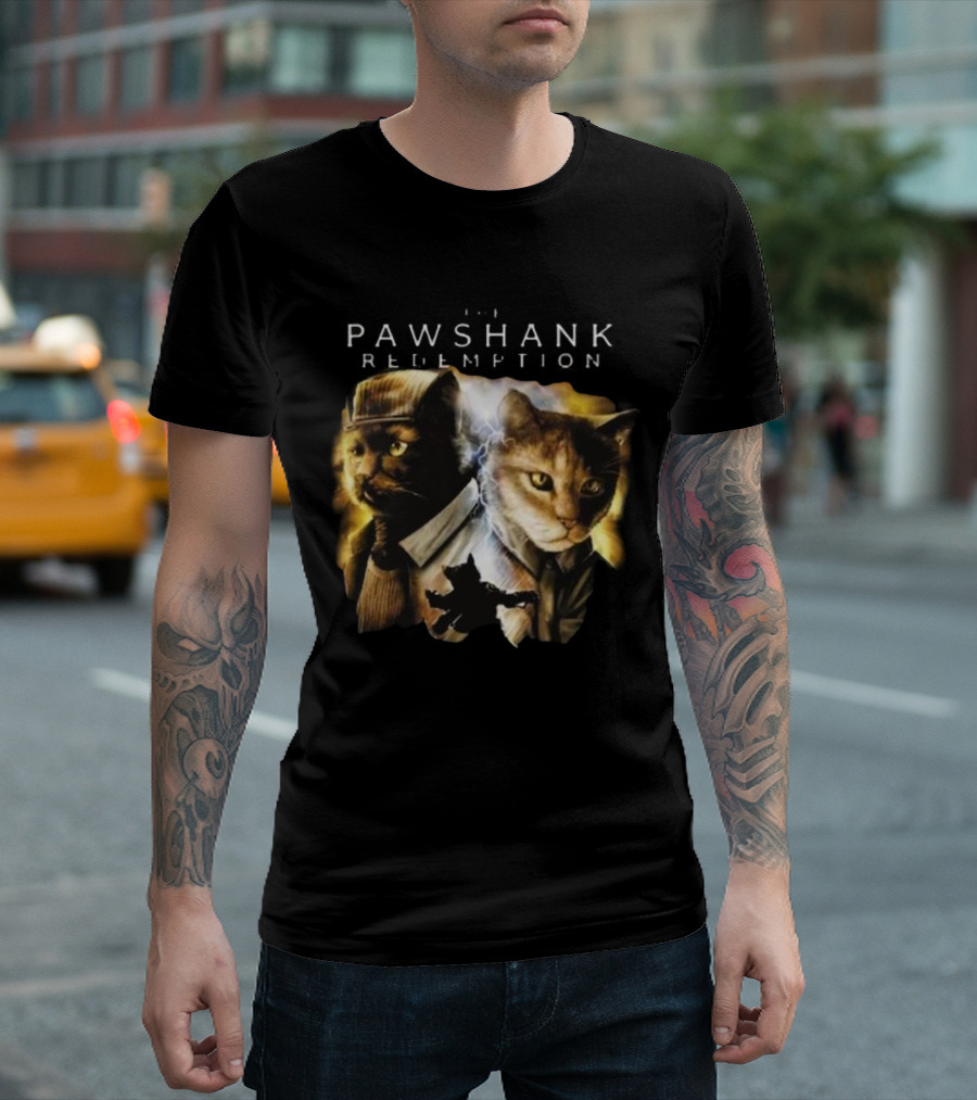 Pawshank Redemption Cat Movie Parody with Lightning and Cats in Prison Uniforms T-Shirt