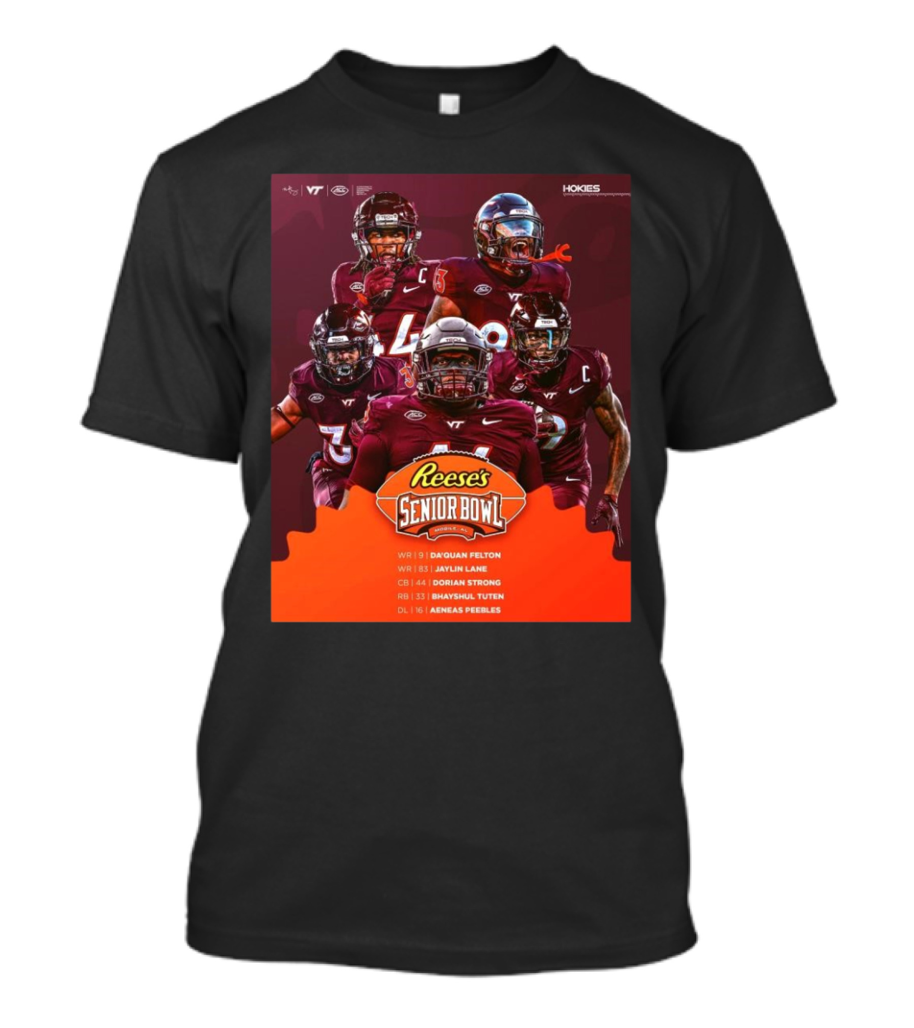 Reese's Senior Bowl Virginia Tech Football Da’quan Felton Jaylin Lane Dorian Strong Bhayshul Tuten Aeneas Peebles T-Shirt