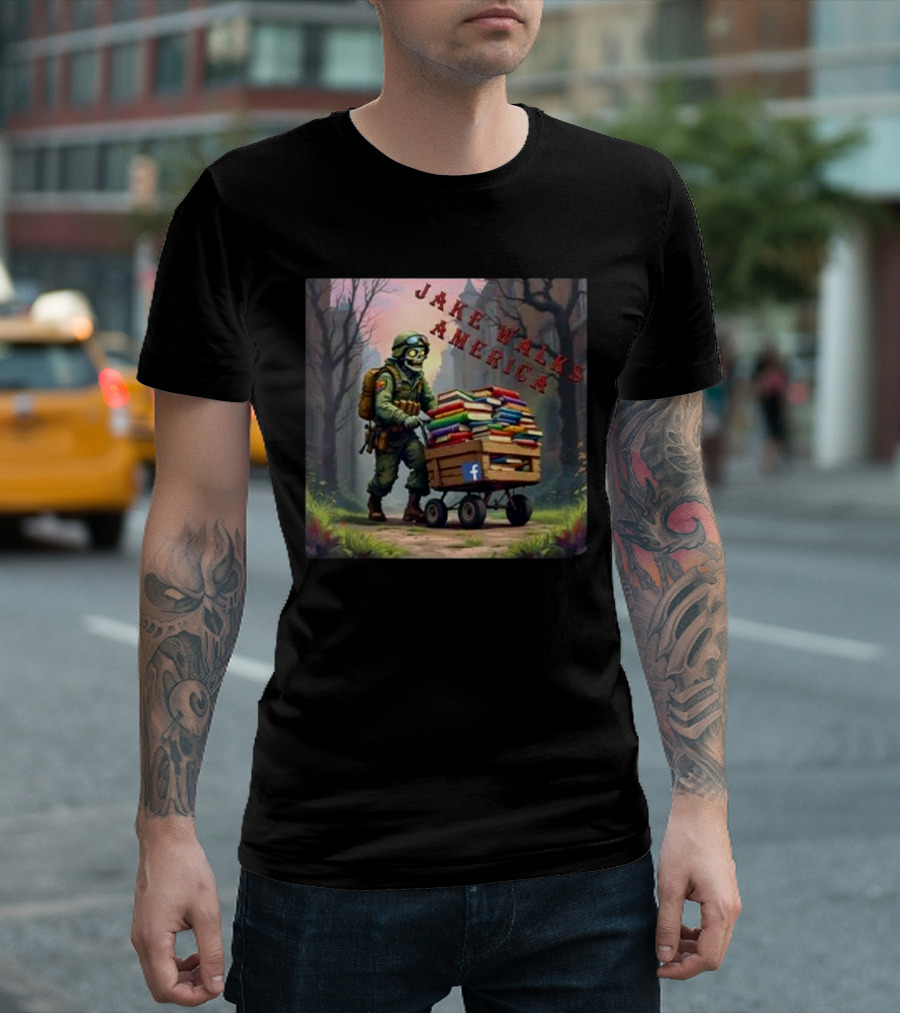 Zombie Soldier Pushing Book Cart Jake Walks America T-Shirt