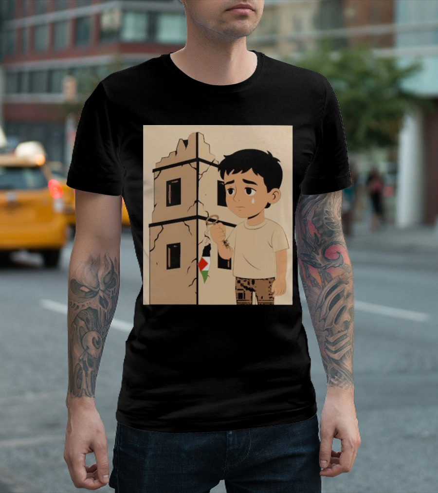 They Are Without Homes Boy Holding Key in Front of Crumbling Building Palestinian Flag T-Shirt