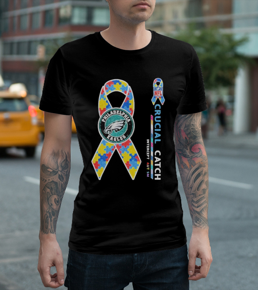 Philadelphia Eagles Autism Awareness Crucial Catch NFL Puzzle Ribbon T-Shirt