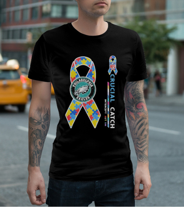 Philadelphia Eagles Autism Awareness Crucial Catch NFL Puzzle Ribbon T-Shirt