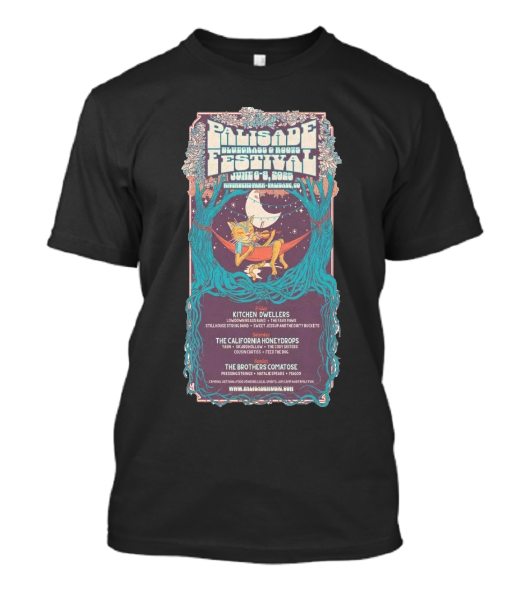 Palisade Bluegrass And Roots Festival June 6-8 2025 Riverbend Park Colorado Kitchen Dwellers The California Honeydrops The Brothers Comatose T-Shirt